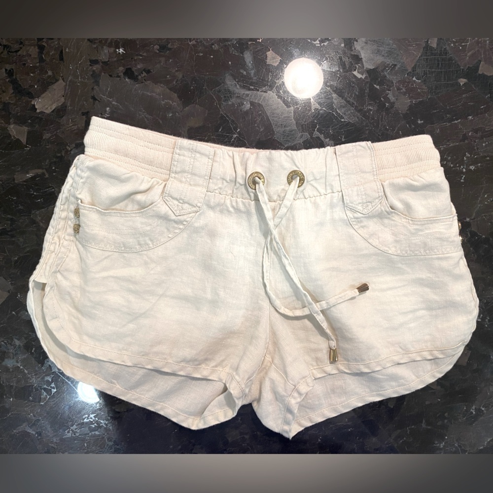Anthropologie Cream / Beige Linen Track Short with elastic waist and tie front L